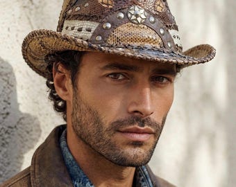 Cappello in pelle fatto a mano, cappello patchwork con motivo rettile fedora, stile festival steampunk