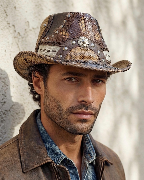 Handmade Leather hat,fedora Reptile pattern Patchwork hat ,Steampunk Festival Style