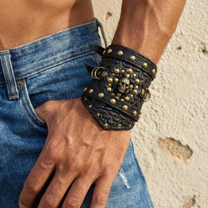 Cuff bracelet black leather,handmade studded,wristband,armband with skull,gothic,biker,dark-fashion