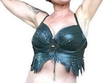 Dark-green studded soft leather bra-top with bird-skull,tribal fusion,sexy,burlesque,pixie,fairy,rave