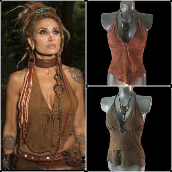 Lederen haltertop,2 lagen zacht leder,Pixie,fairy,Burning man,tribal fusion,Goddess,Gypsy,Boho,Ibiza