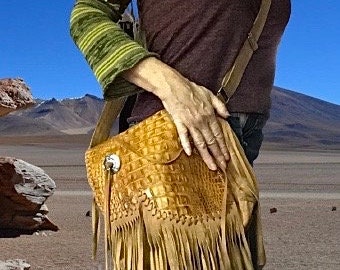 Tassellederen handtas met croco-print,hippie,boho,gipsy,western,native Indian,retro,Ibiza