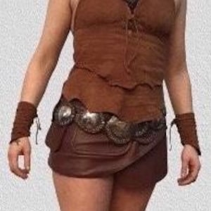 Wrap mini-skirt cognac colour leather with pockets,festival,tribal,pixie,Goa,warrior