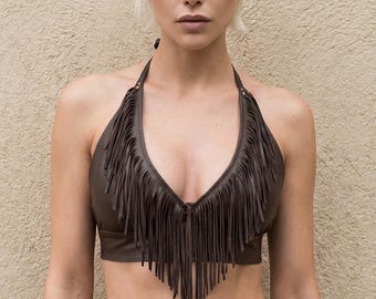 Top halter de cuero con flecos, hecho a mano, estilo gitano, Shakira, hippie, motero, western, vaquero.