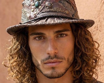 Fedora Hat,handmade,patchwork and sculpted leather with embedded gemstones,hippie,boho