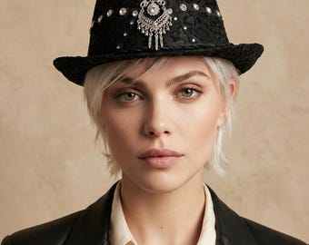 Handmade Black Leather hat,studded Fedora Hat,boho,Rocker,goth,steampunk