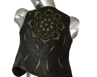 Leather handmade vest with decorative mandala,gipsy,boho,psywear,psytrance,Goa,Ibiza
