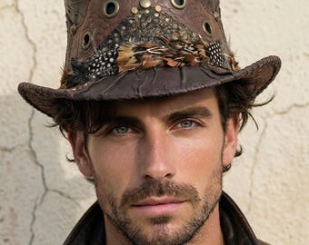 Handmade leather hat,Fedora,finest patchwork with rivets & feathers,boho,gipsy,Ibiza,