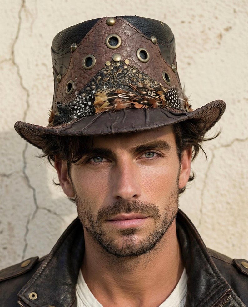 Handmade leather hat,Fedora,finest patchwork with rivets & feathers,boho,gipsy,Ibiza, image 1