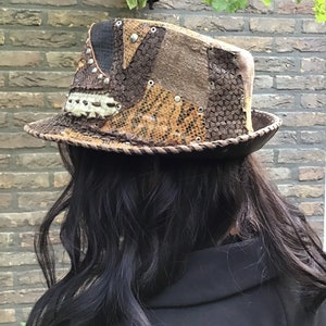 Handmade Leather hat,fedora Reptile pattern Patchwork hat ,Steampunk Festival Style image 3