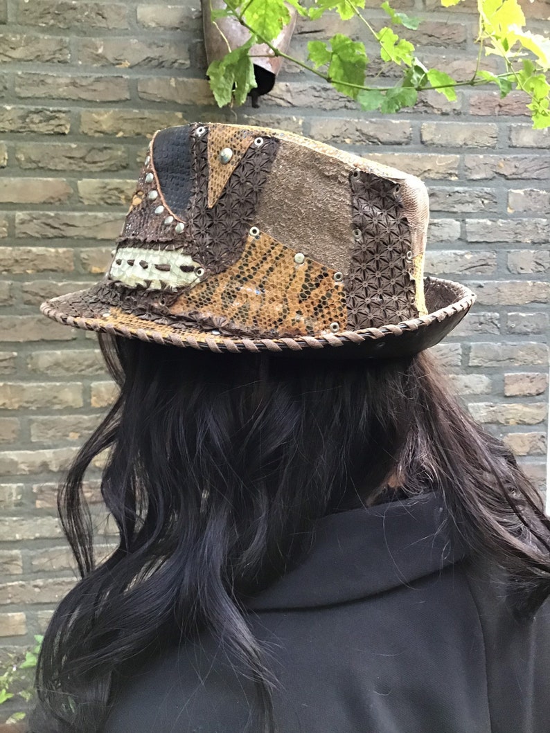 Handmade Leather hat,fedora Reptile pattern Patchwork hat ,Steampunk Festival Style image 3