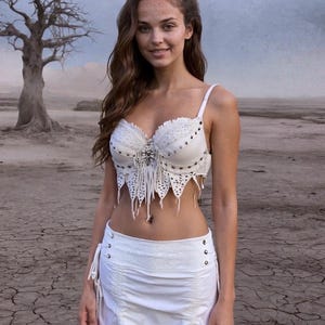 White leather bra-top with rivets,tribalfusion,pixie,fairy,bellydance,burlesque,Burning man,Wasteland