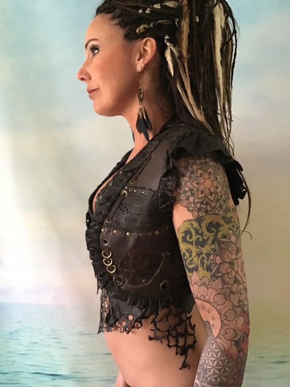 Bolero-vest black leather studded patchwork,goth,fusion,psywear,steampunk,punk,Burning man,Wasteland