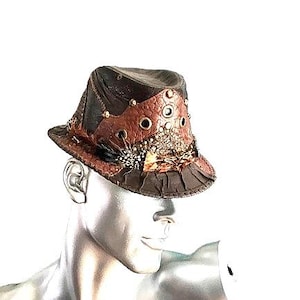 Fedora hat leather patchwork with rivets and feathers,boho,gipsy,hippie,Ibiza,