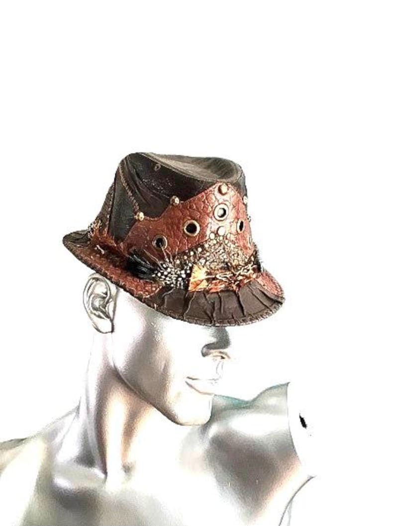 Handmade leather hat,Fedora,finest patchwork with rivets & feathers,boho,gipsy,Ibiza, image 9