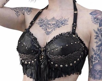 BH-Top,schwarze Leder Fransen texturiert Nieten Handgemachte Bustier,Burning Man,Wasteland Rave,kinky