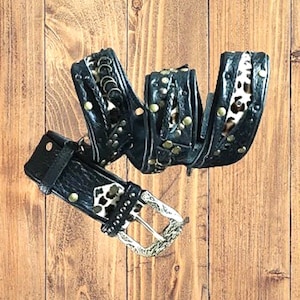 Belt handmade,black studded leather,tigerprint details,rocker,biker,festival,punk
