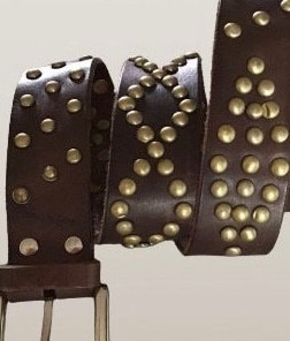 Belt Rugged Brown Studded Leather Handmade With Retro-buckle