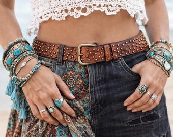 Leather belt studded brown rugged handmade,biker,rocker,boho,hippie