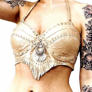 Sujetador de cuero hecho a mano, color blanco roto con brillo metálico dorado, ideal para burlesque, danza del vientre y fiestas rave.
