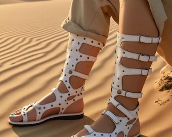 White Leather Gladiator Sandals: Adjustable Riveted Strappy Boots