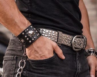 Belt grey-metallic leather,studded rugged belt-biker,rocker,punk