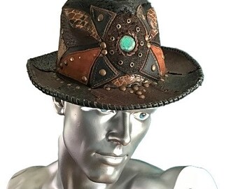Cowboy hat noodlijdende bezaaid patchwork leer, handgemaakt, hippie, boho, gipsy, festival, western