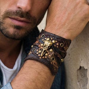 Cuff bracelet,brown studded leather armband,wristband,Burning Man,steampunk,biker, punk