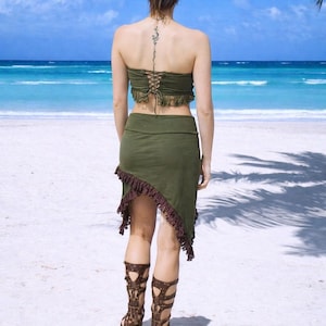 コットンスカート、オリーブグリーン、アシンメトリーレース、フリルミディスカート、ピクシー、ボヘミアン、ジプシー
