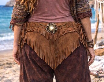 Vintage 80s Boho Hippie Brown Studded Belt Fringes Soft  display picture 1