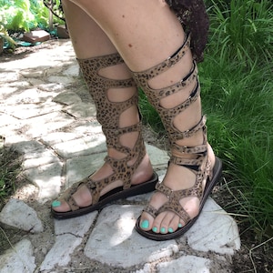 Cheetah Print Leather Gladiator Sandals: Strappy Knee-High Ibiza Style (Size 37/41)