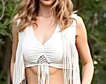 Strappy bra-top tasseled,stretchy-cotton with small flower of life,yoga,beach,festival