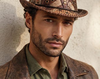 Handmade hat reptile-pattern leather,patchwork,studded Fedora,boho,gipsy,hippie