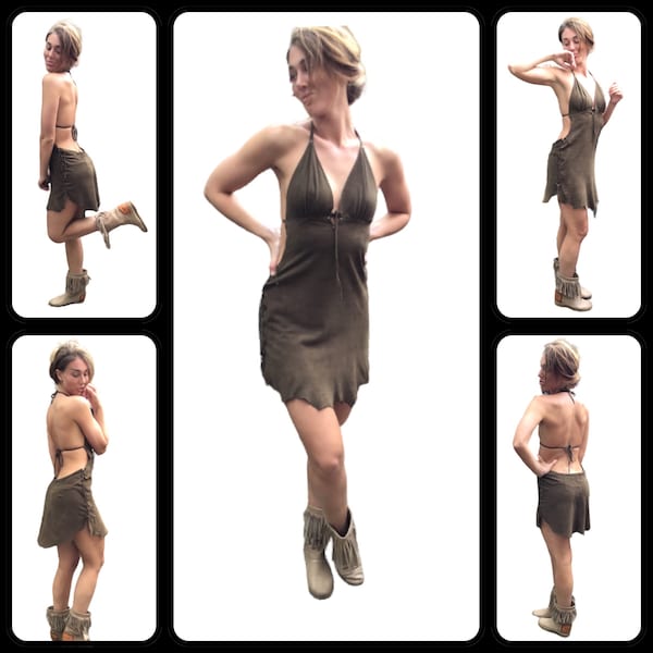 Sexy leather mini-dress with low back,dark-brown adjustable in size,hippie,boho,gipsy,Burning Man,festival