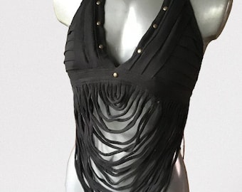 Strappy haltertop stretchy black cotton with rivets,goth,steampunk,rave,darkfashiom,punk