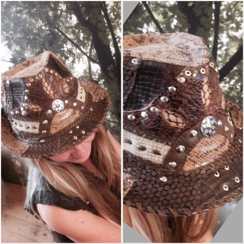 May include: A brown and tan cowboy hat with a variety of textures and embellishments, including leather, snakeskin, and studs.