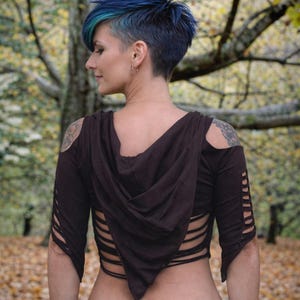 Brown cotton slashed pixie top with a long pointy hoodie,Festival,Rave,goth