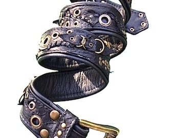 Black Studded Belt Zipper Wide 2 Layer Genuine Leather Pierced