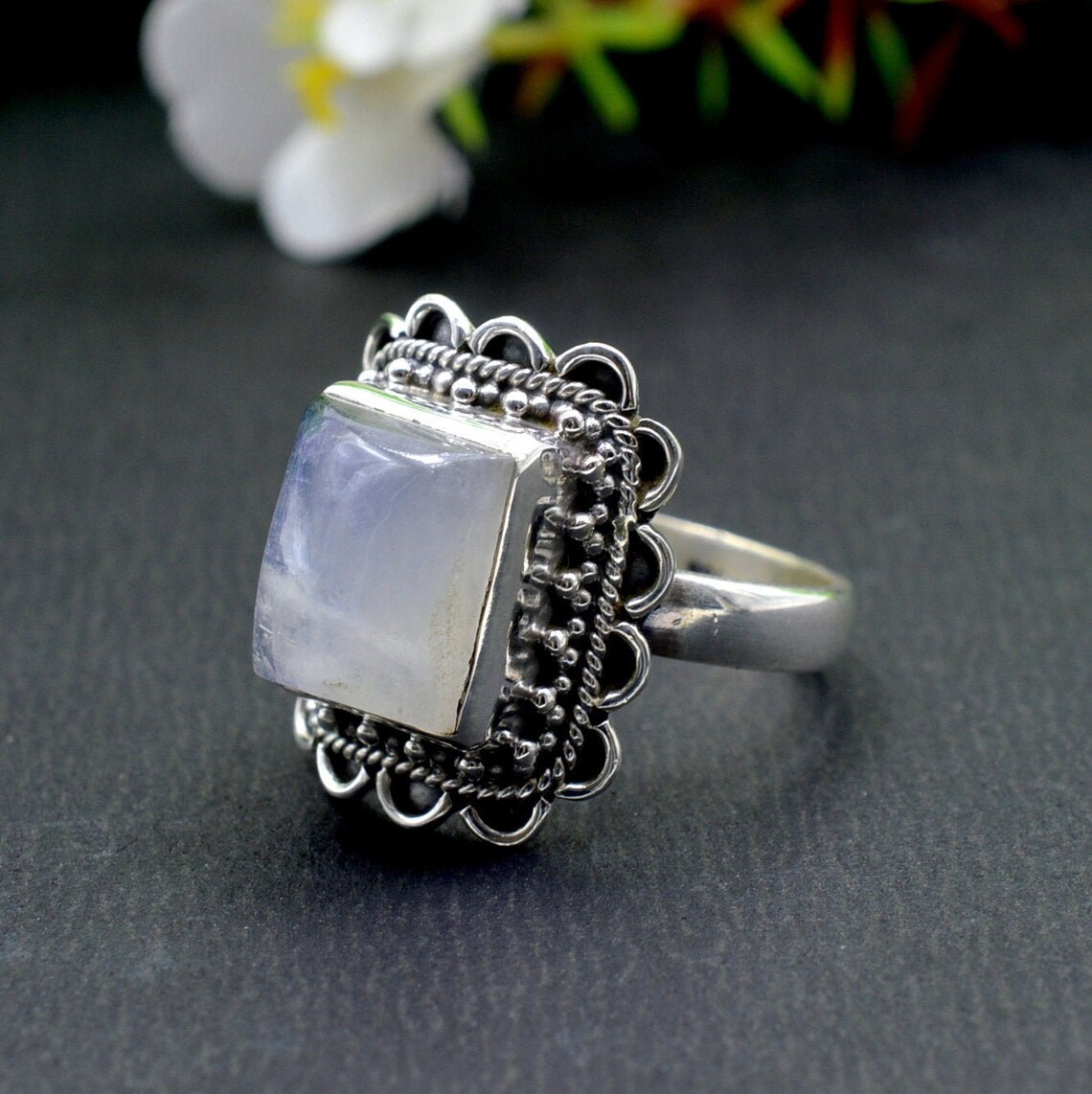 Moonstone Ring Sterling Silver Ring Square Gemstone Ring Etsy