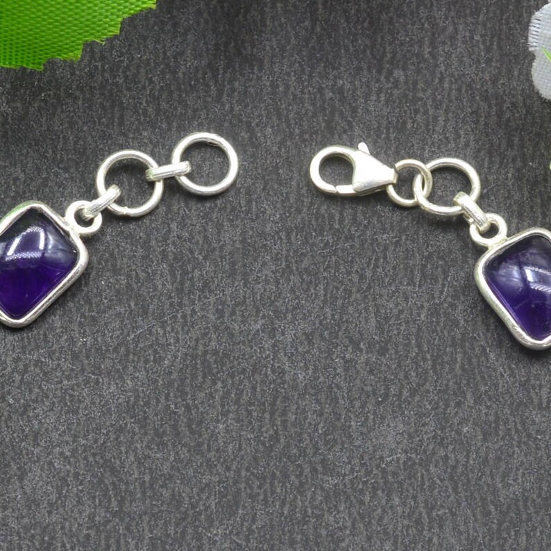 925 Sterling Silver Natural Amethyst Square Gemstone Chain Bracelet B68