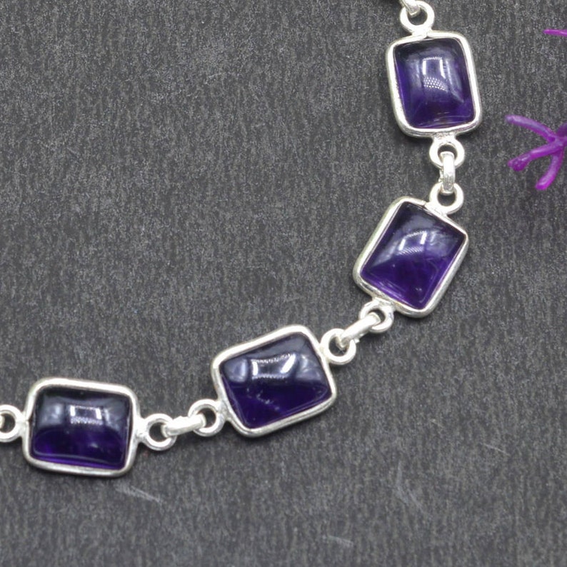 925 Sterling Silver Natural Amethyst Square Gemstone Chain Bracelet B68