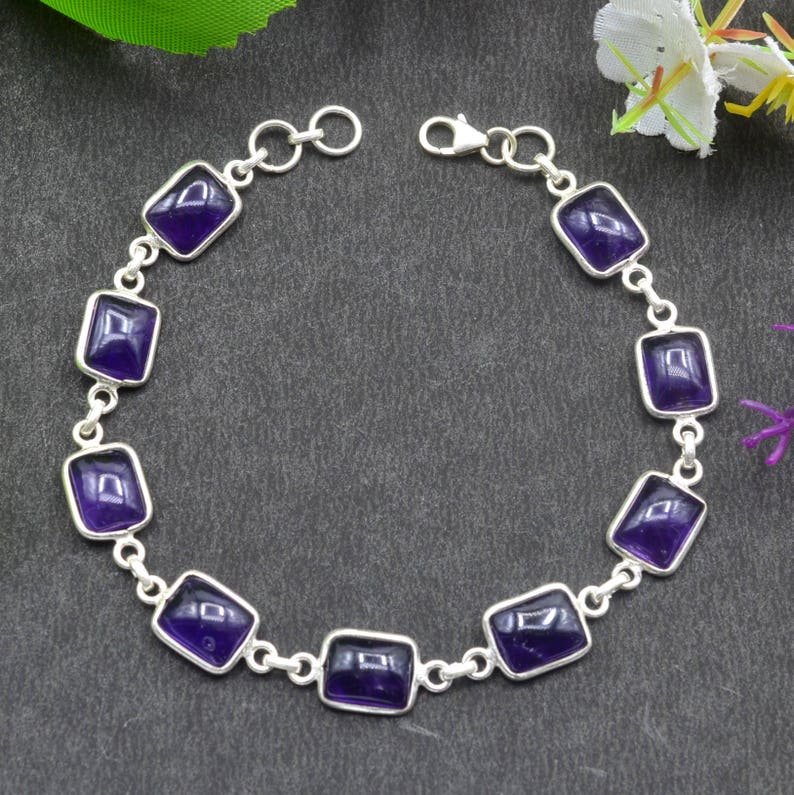 925 Sterling Silver Natural Amethyst Square Gemstone Chain Bracelet B68