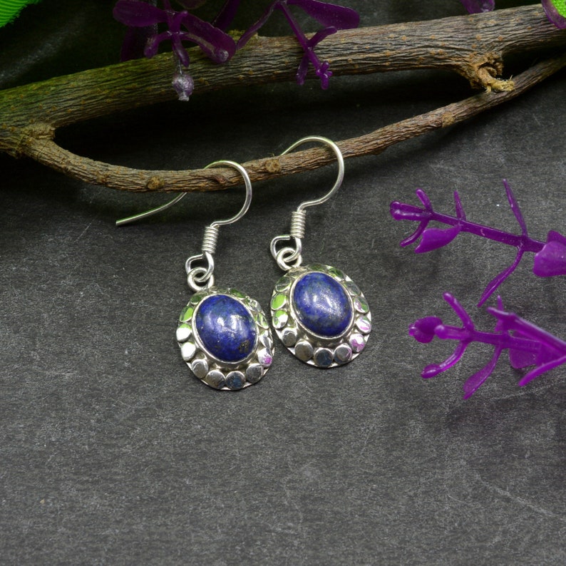Sterling Silver Earrings Drop Dangle Earrings December Birthstone Earrings Oval Gemstone Earrings Bezel Earrings E355 Lapis Earrings