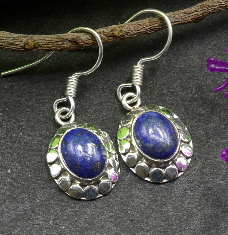 Sterling Silver Earrings Drop Dangle Earrings December Birthstone Earrings Oval Gemstone Earrings Bezel Earrings E355 Lapis Earrings