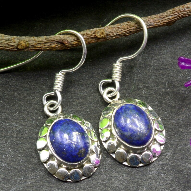 Sterling Silver Earrings Drop Dangle Earrings December Birthstone Earrings Oval Gemstone Earrings Bezel Earrings E355 Lapis Earrings