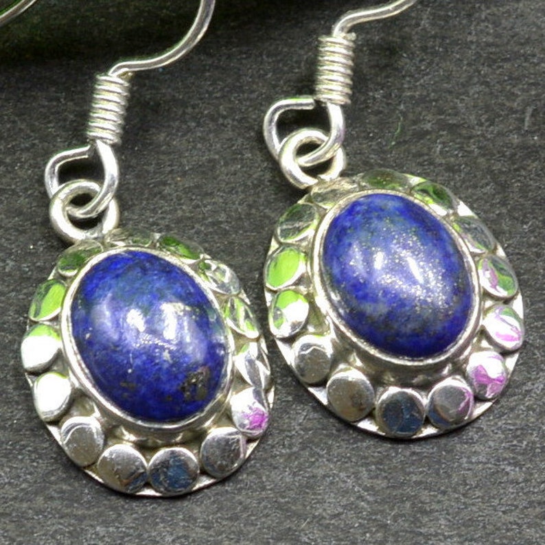 Sterling Silver Earrings Drop Dangle Earrings December Birthstone Earrings Oval Gemstone Earrings Bezel Earrings E355 Lapis Earrings