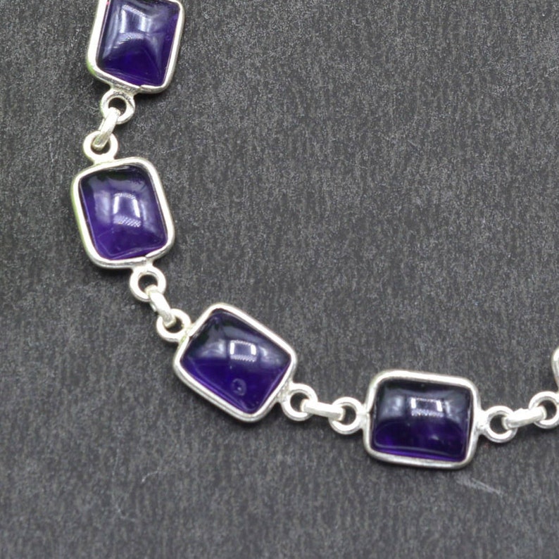 925 Sterling Silver Natural Amethyst Square Gemstone Chain Bracelet B68