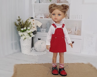 Set for Paola Reina 32 cm doll: corduroy pinafore dress, blouse, socks, shoes