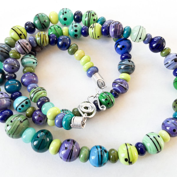 Purple and green palette long lampwork glass necklace with sterling silver