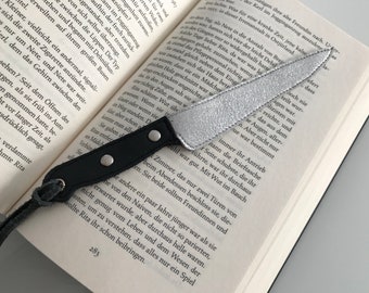 Knife bookmark black/silver made of leather